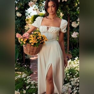 House of CB Cream Midi Dress with Puff Sleeves